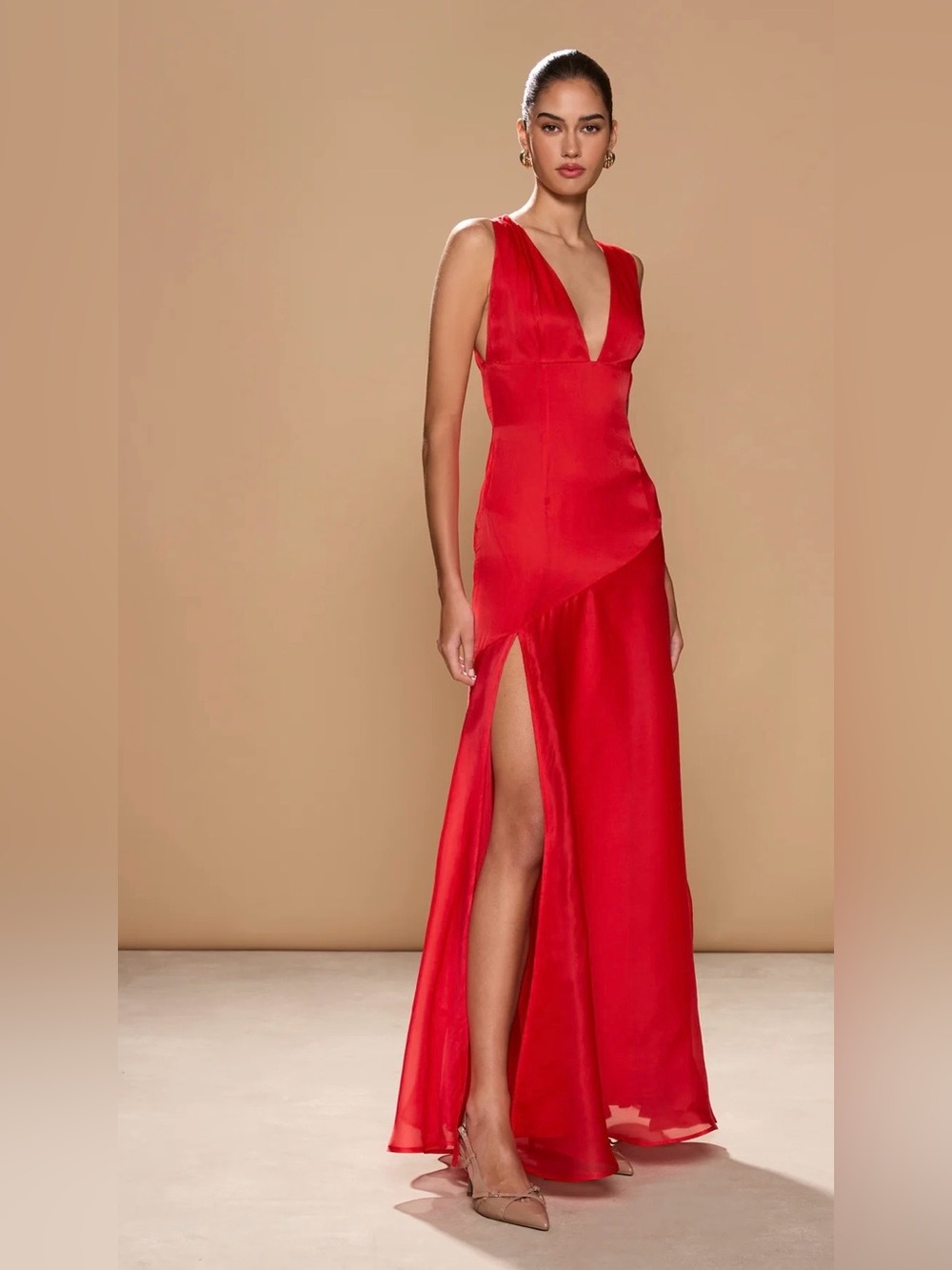 Sonya Moda Red V-Neck Satin Evening Gown with High Slit